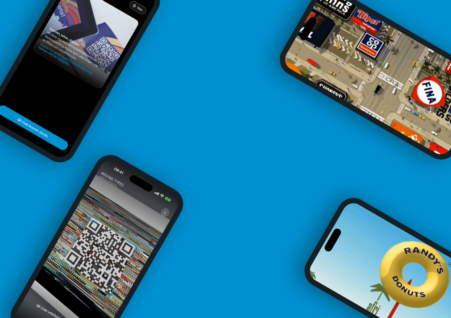Vier Bildschirmaufnahmen der neuen Moving Types App auf blauem Hintergrund